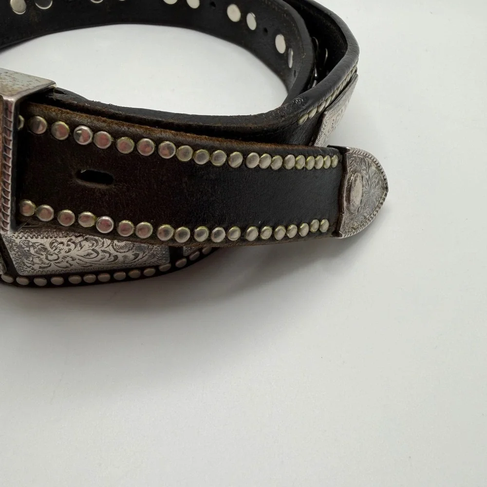 Nadim USA Mens Western Leather Square Concho Belt Brown Silver Studded 42